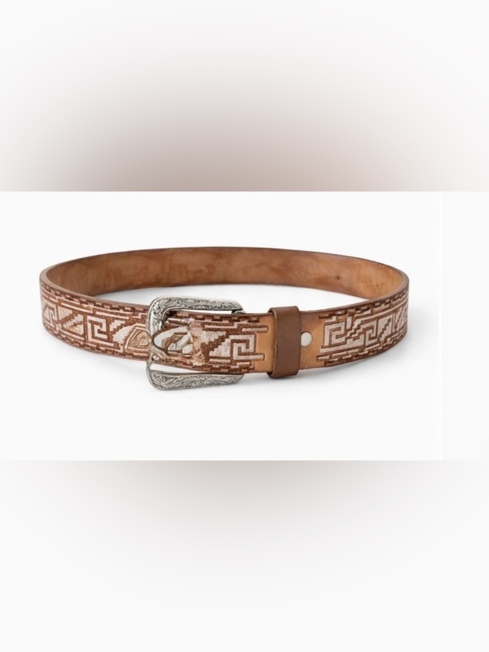 Vintage Western Leather Belt Cinto Piteado Horse Aztec Genuine Cowhide Mexico 44
